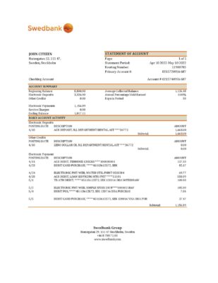 Sweden Swedbank bank statement, Excel and PDF template