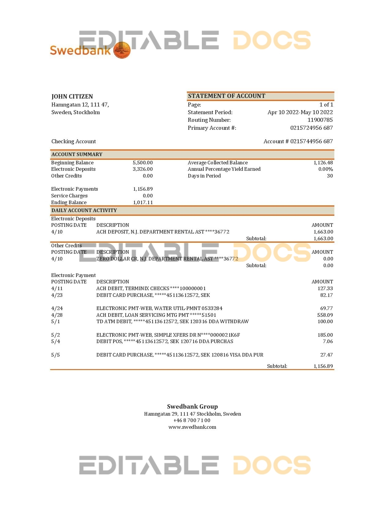 Sweden Swedbank bank statement, Excel and PDF template