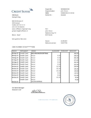 Switzerland Credit Suisse Bank statement easy to fill template in .xls and .pdf file format
