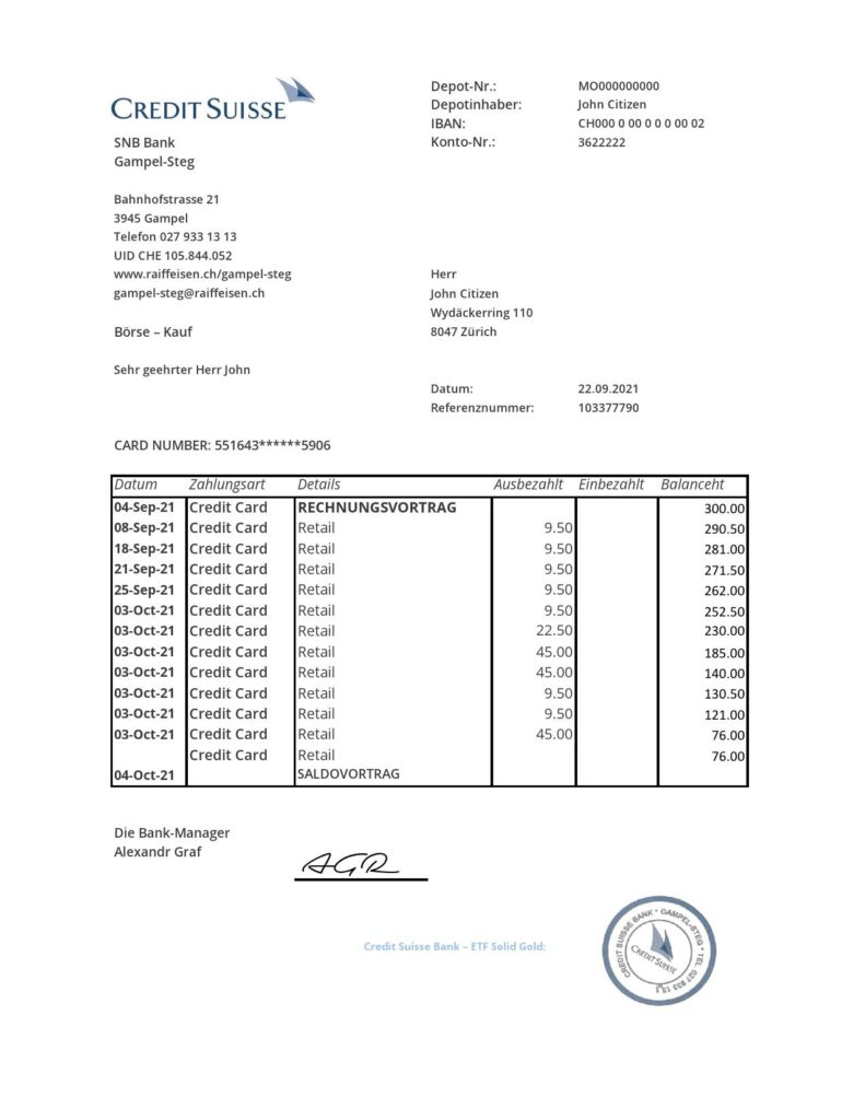 Switzerland Credit Suisse Bank statement easy to fill template in .xls and .pdf file format