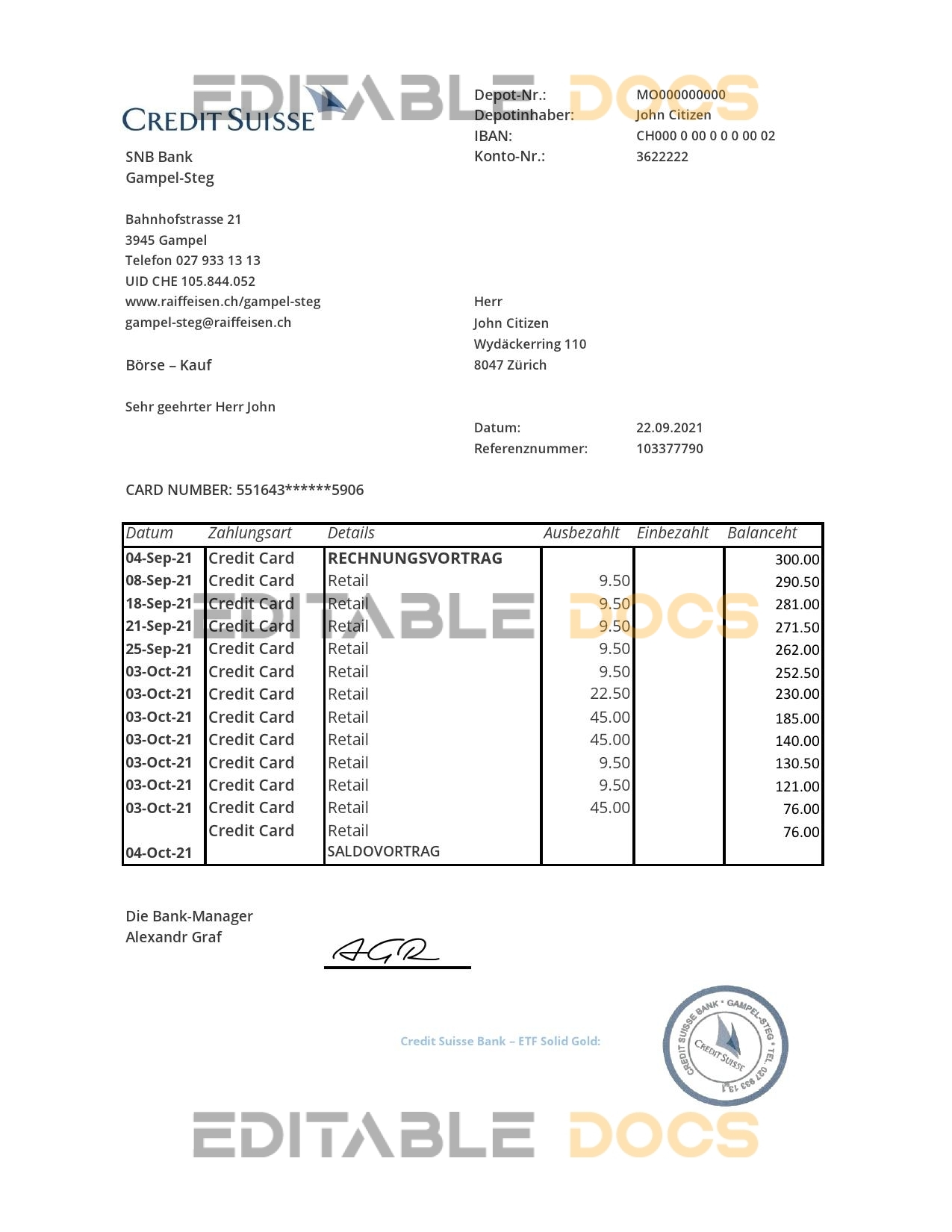 Switzerland Credit Suisse Bank statement easy to fill template in .xls and .pdf file format