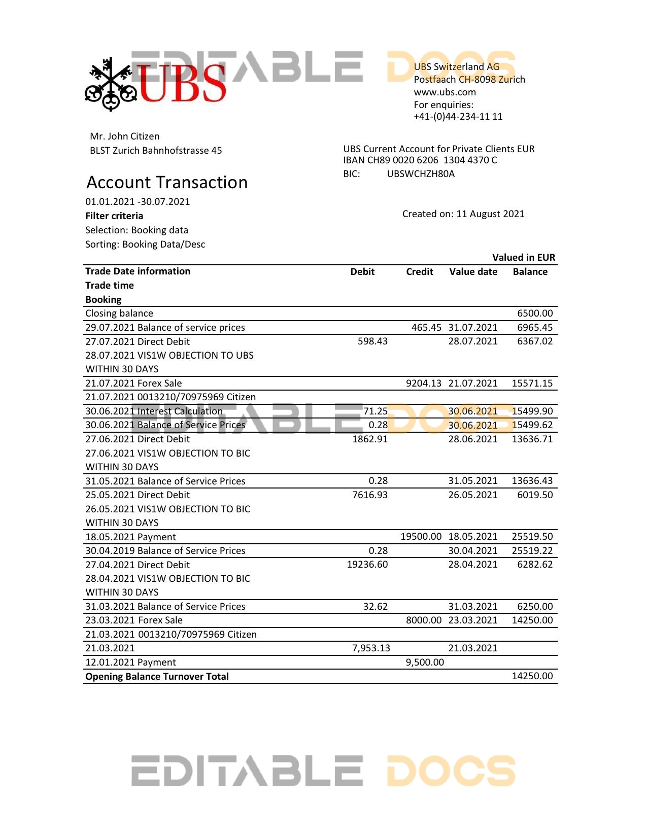 Switzerland UBS Bank statement easy to fill template in Excel and PDF format