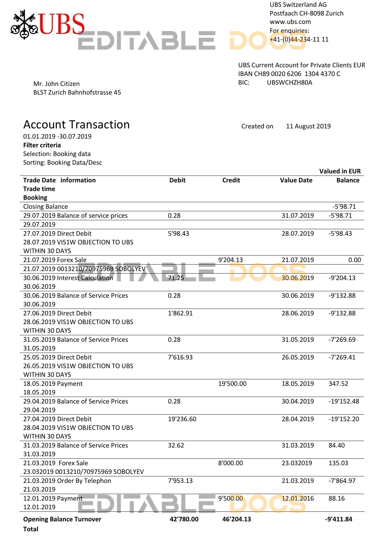 Switzerland UBS bank proof of address statement template in Word and PDF format, version 1