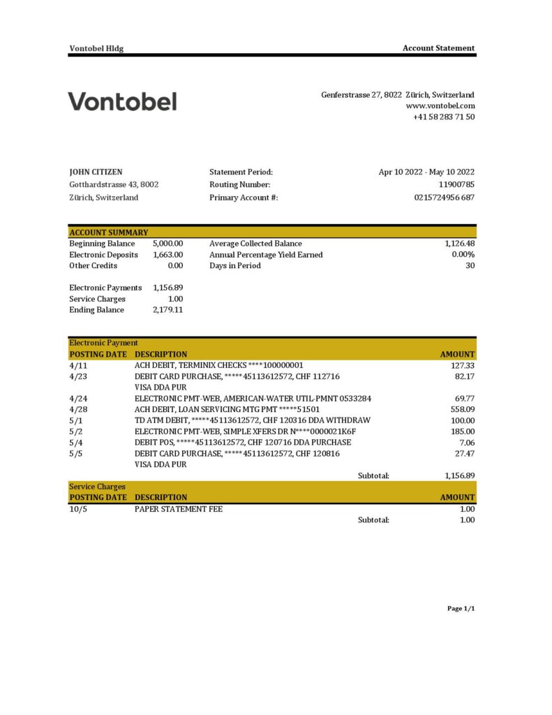 Switzerland Vontobel bank statement, Excel and PDF template