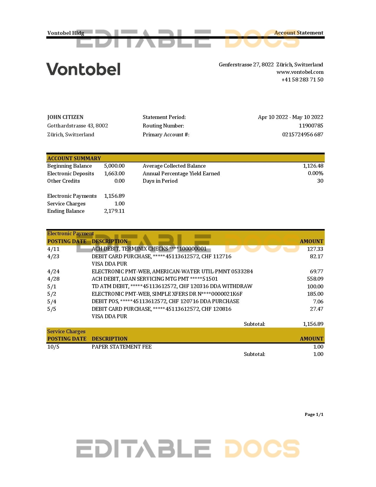 Switzerland Vontobel bank statement, Excel and PDF template