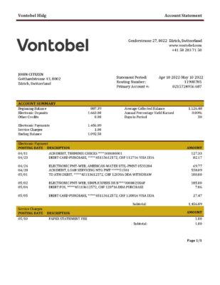 Switzerland Vontobel bank statement template in Word and PDF format