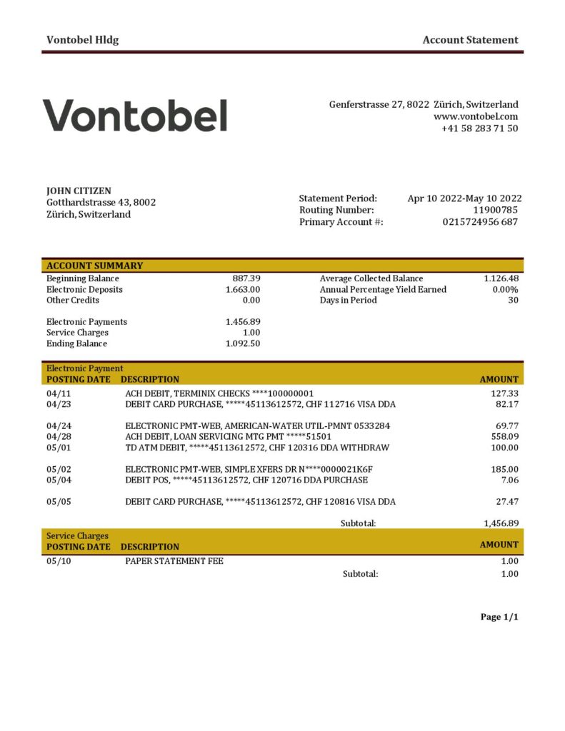 Switzerland Vontobel bank statement template in Word and PDF format