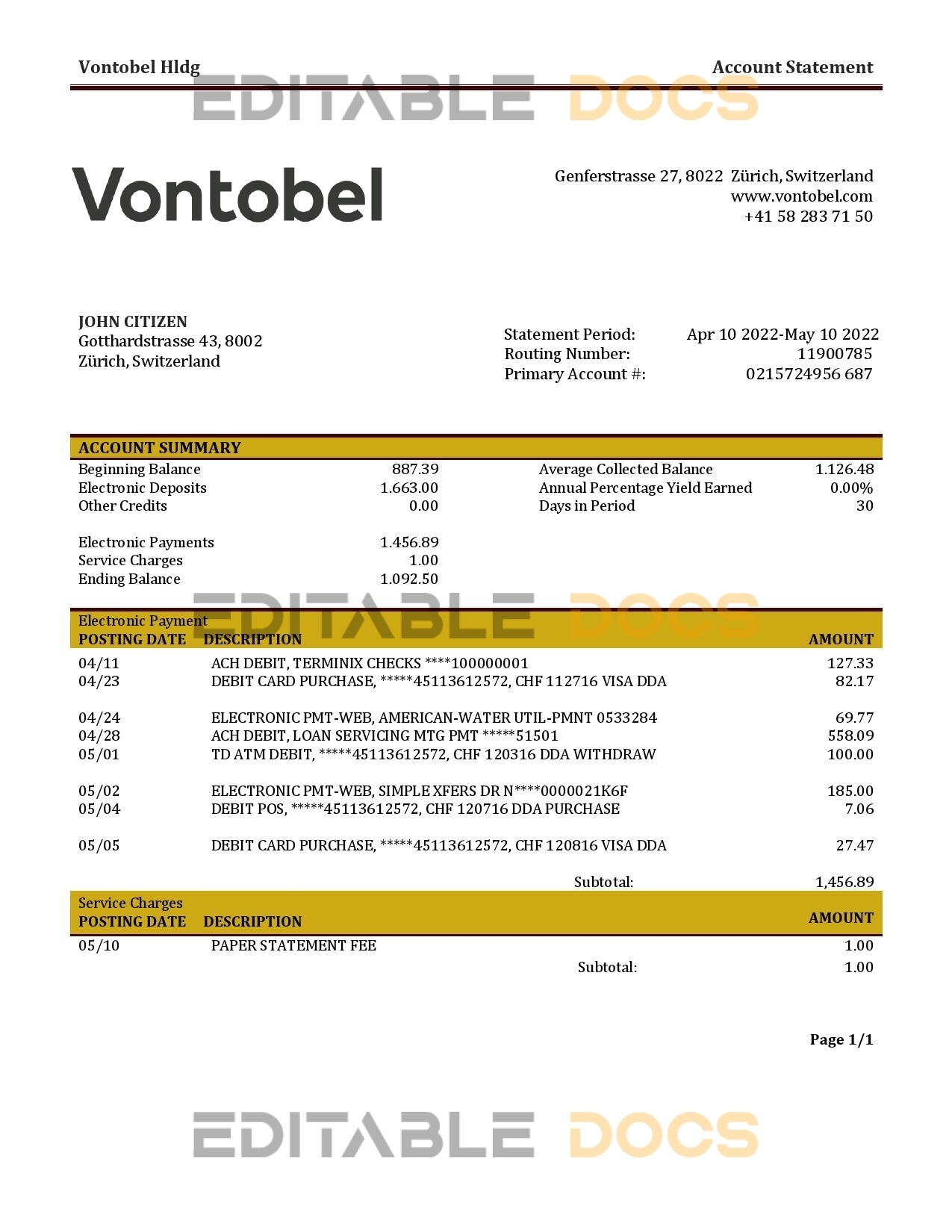 Switzerland Vontobel bank statement template in Word and PDF format