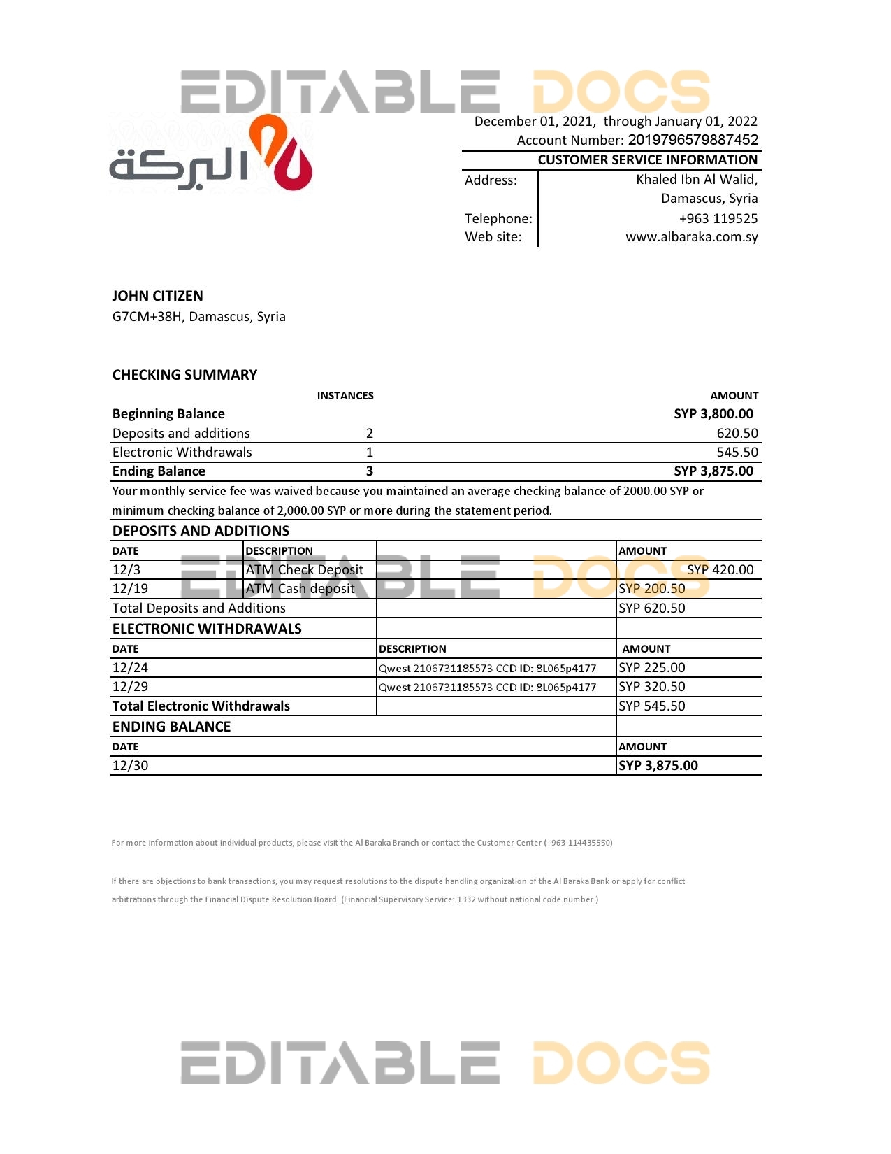 Syria Al Baraka bank statement, Excel and PDF template