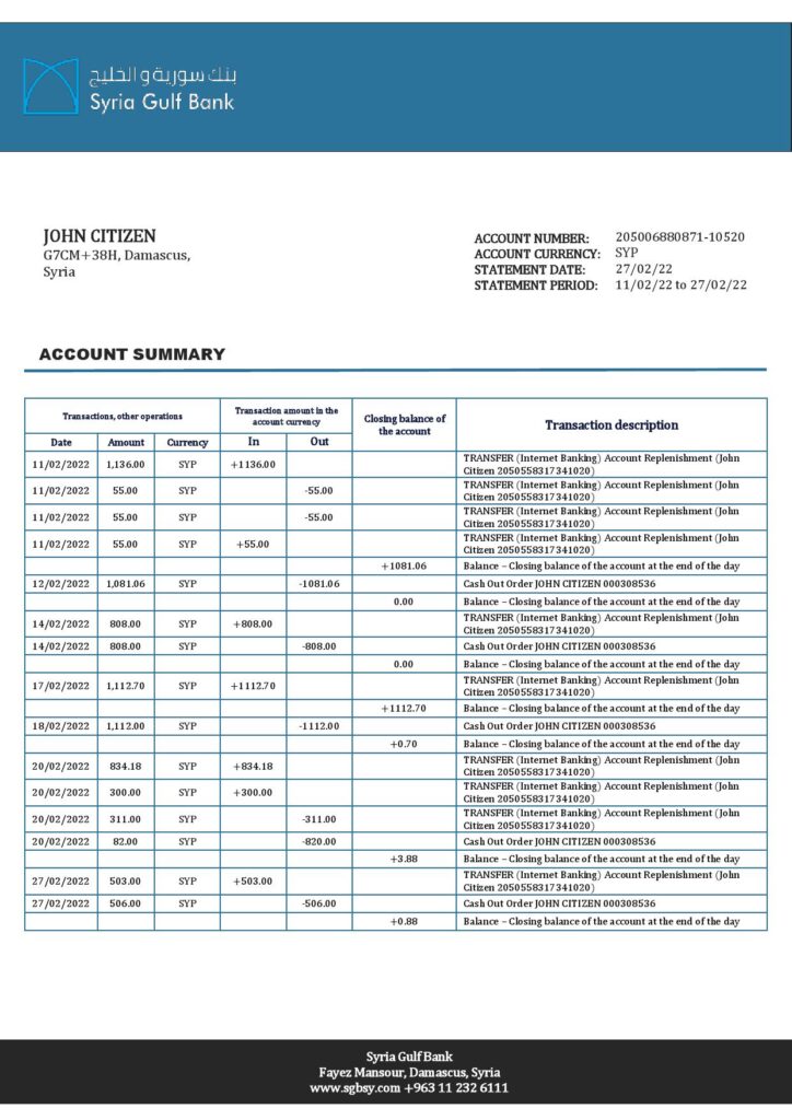 Syria Gulf Bank statement template in Word and PDF format