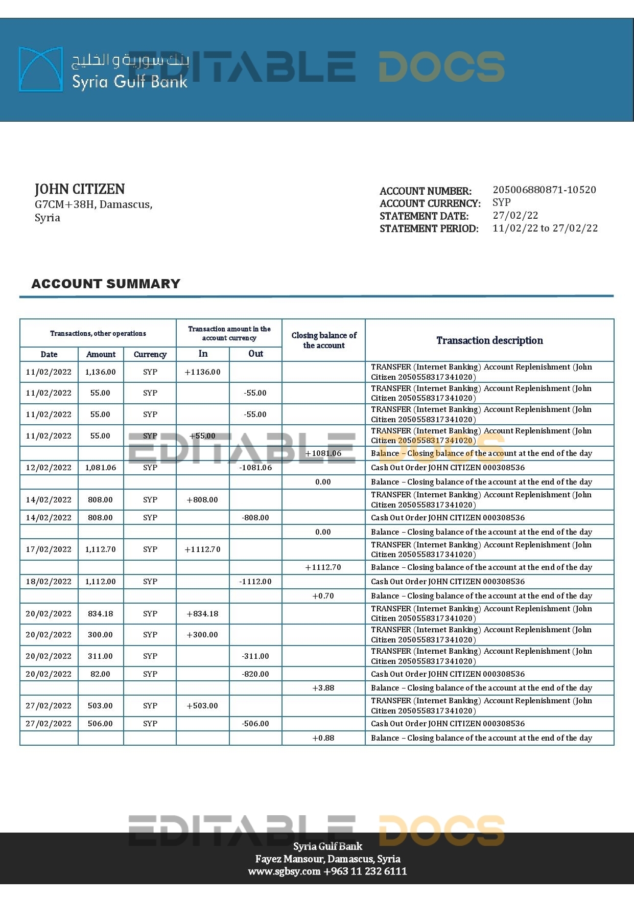 Syria Gulf Bank statement template in Word and PDF format