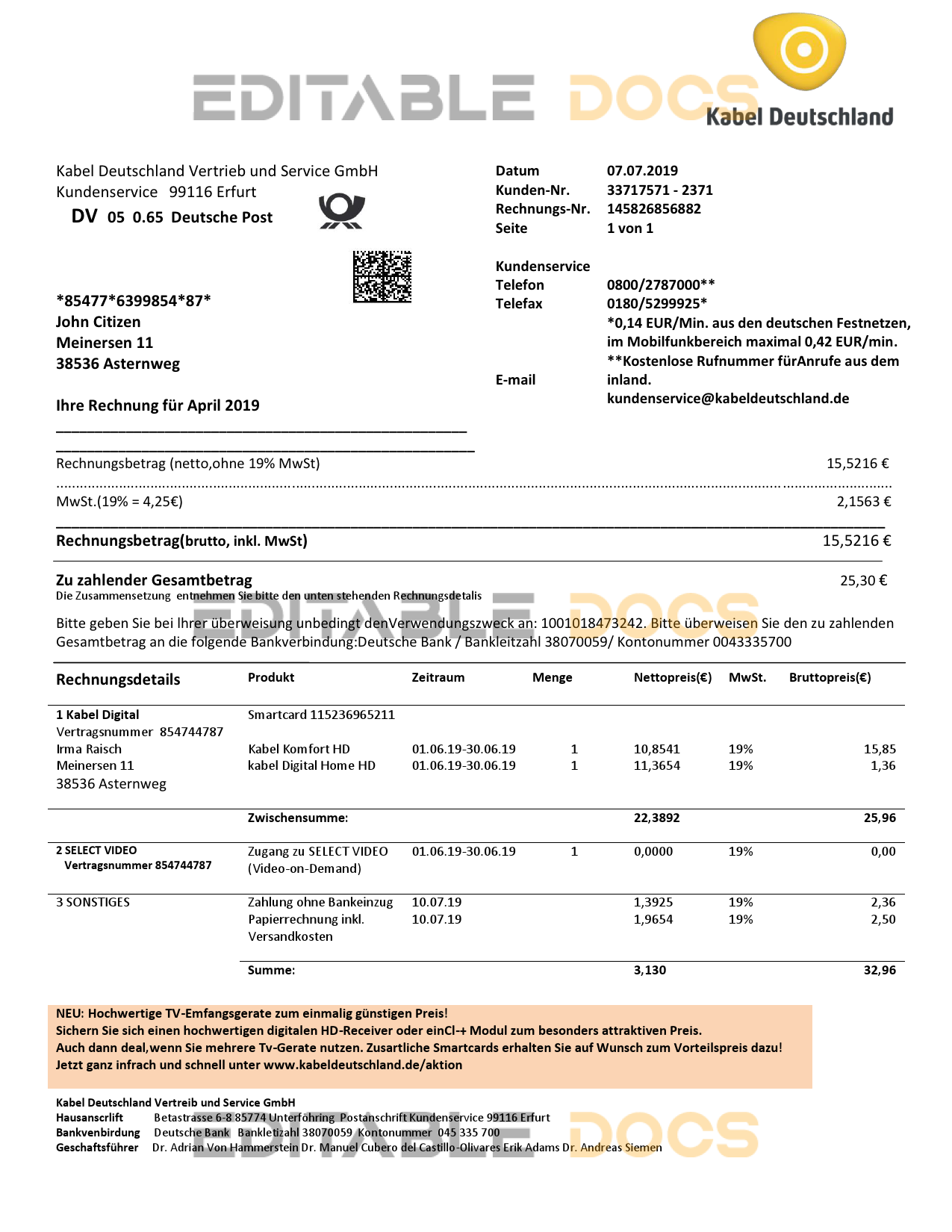 Germany TV Cabel utility bill template in Word and PDF format, fully editable