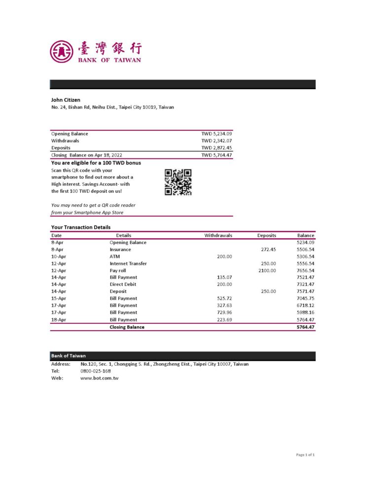 Taiwan Bank of Taiwan bank statement, Excel and PDF template