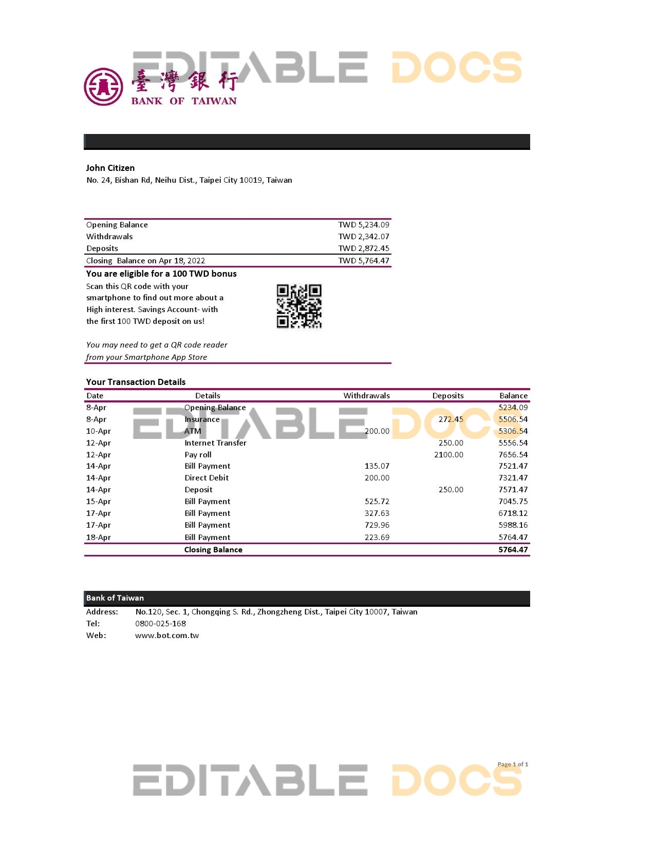 Taiwan Bank of Taiwan bank statement, Excel and PDF template