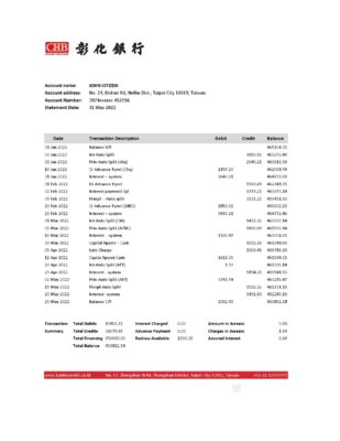 Taiwan Chang Hwa Bank statement, Excel and PDF template
