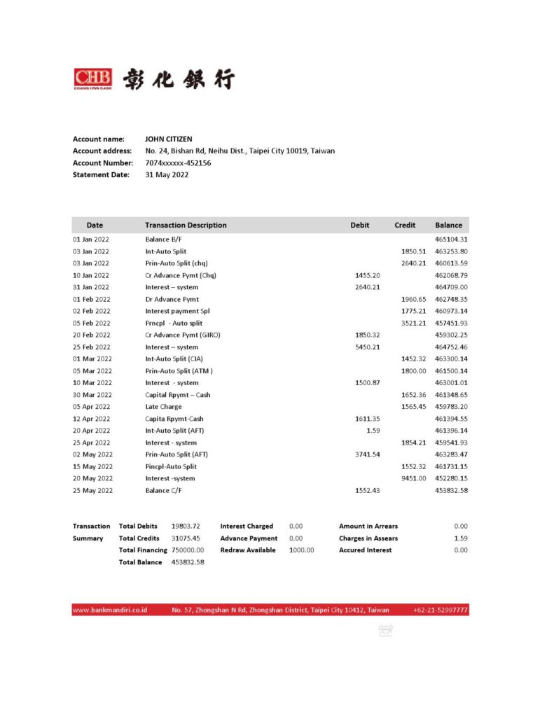 Taiwan Chang Hwa Bank statement, Excel and PDF template