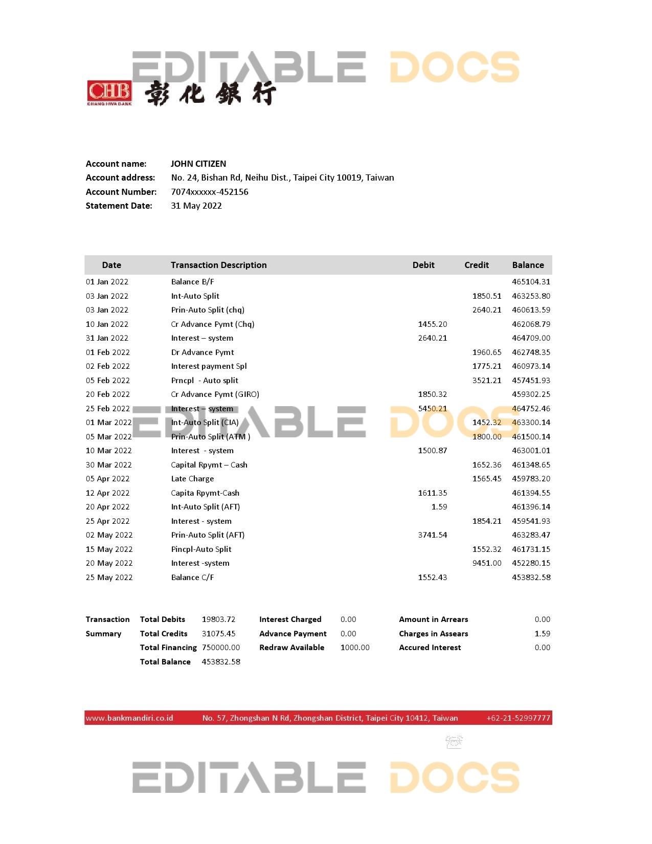 Taiwan Chang Hwa Bank statement, Excel and PDF template