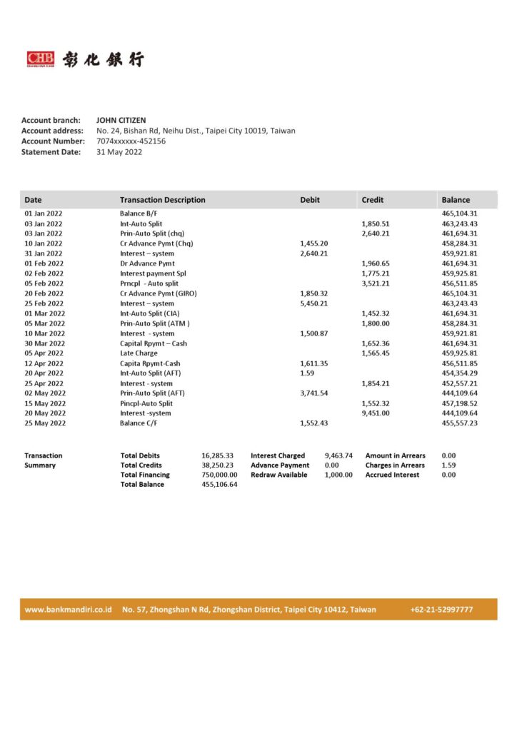 Taiwan Chang Hwa Bank statement template in Word and PDF format