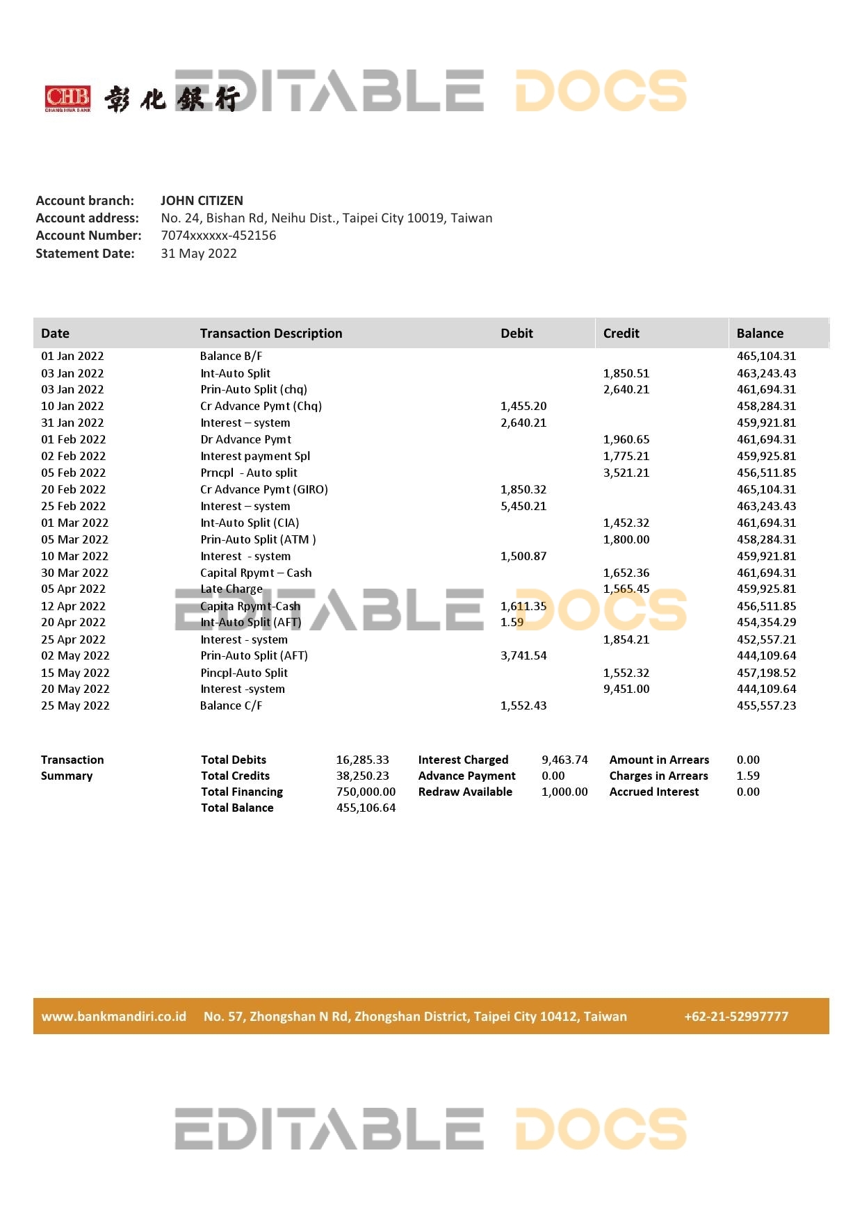 Taiwan Chang Hwa Bank statement template in Word and PDF format