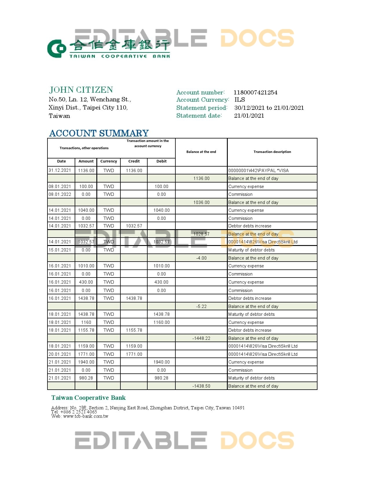 Taiwan Cooperative Bank statement easy to fill template in Excel and PDF format