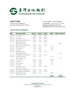 Taiwan Land Bank of Taiwan bank statement easy to fill template in Excel and PDF format