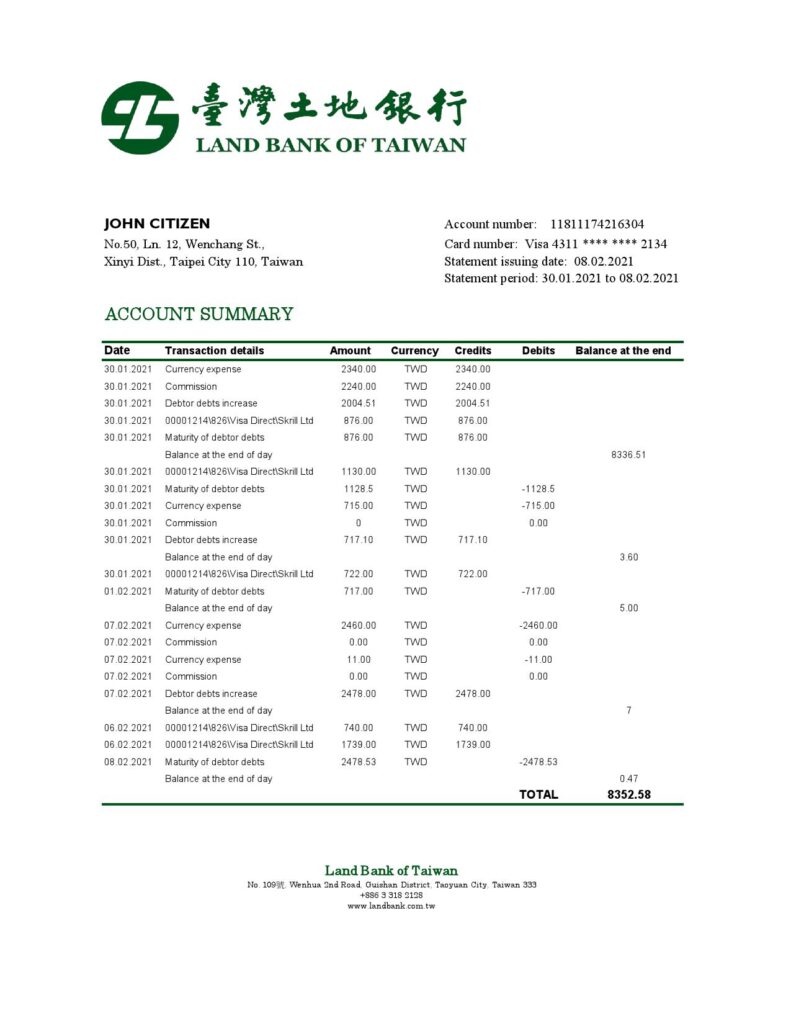 Taiwan Land Bank of Taiwan bank statement easy to fill template in Excel and PDF format