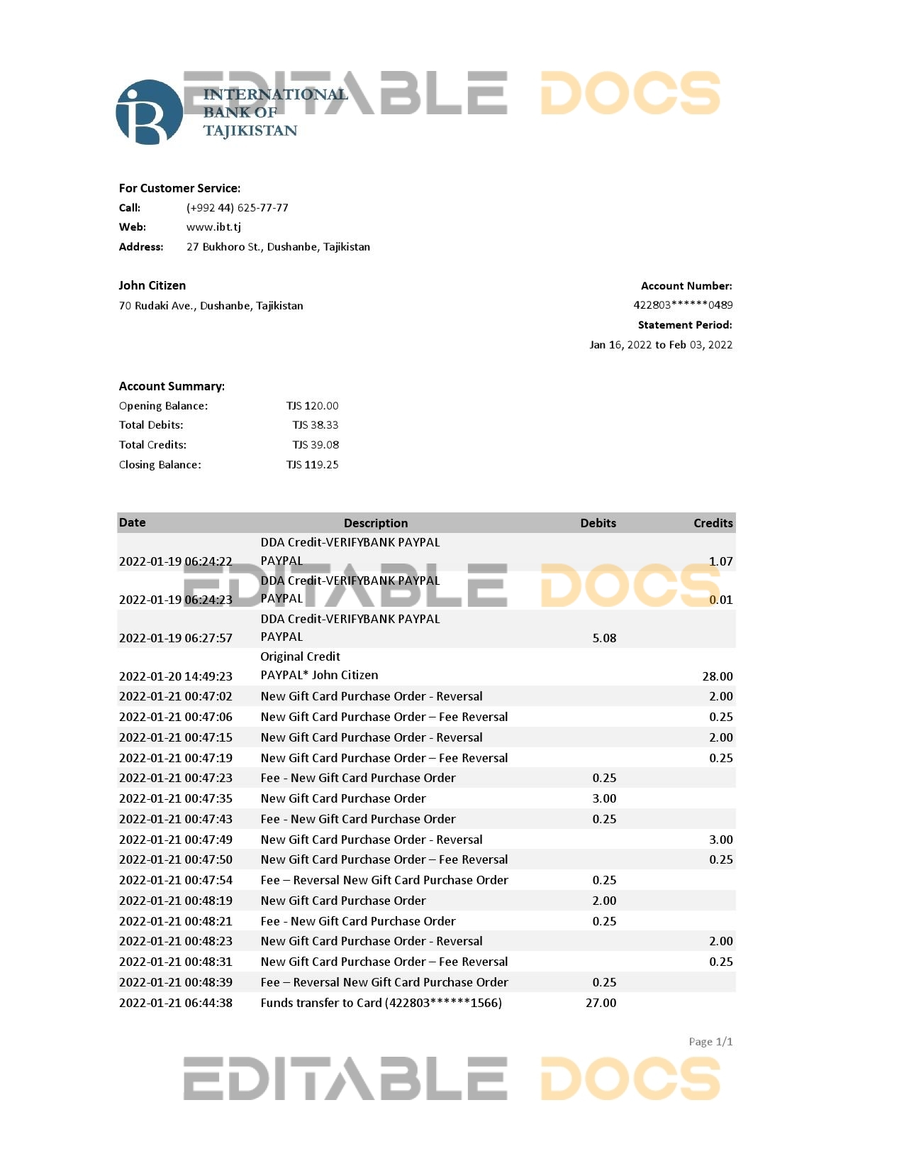 Tajikistan ITB bank statement, Excel and PDF template
