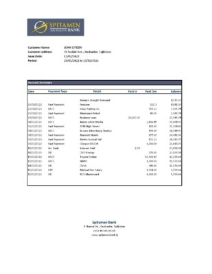 Tajikistan Spitamen Bank statement, Excel and PDF template