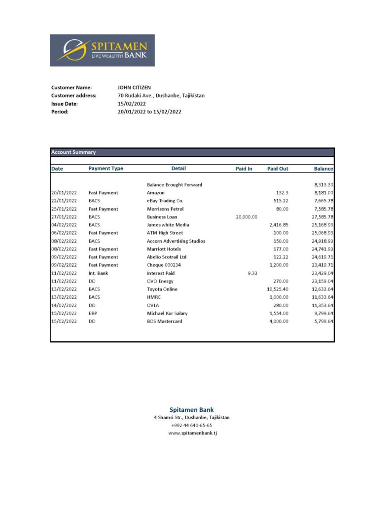 Tajikistan Spitamen Bank statement, Excel and PDF template