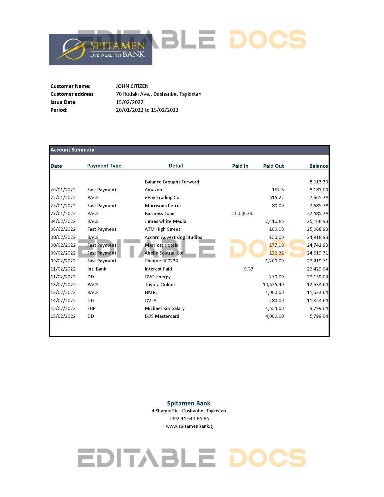 Tajikistan Spitamen Bank statement, Excel and PDF template