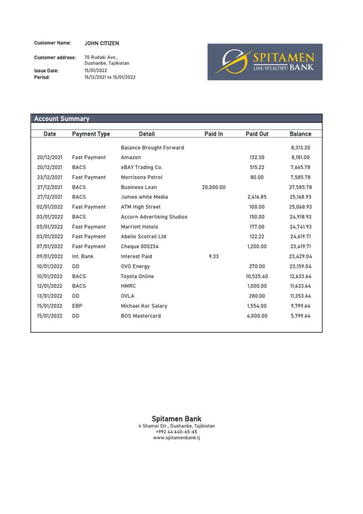 Tajikistan Spitamen Bank statement template in Word and PDF format