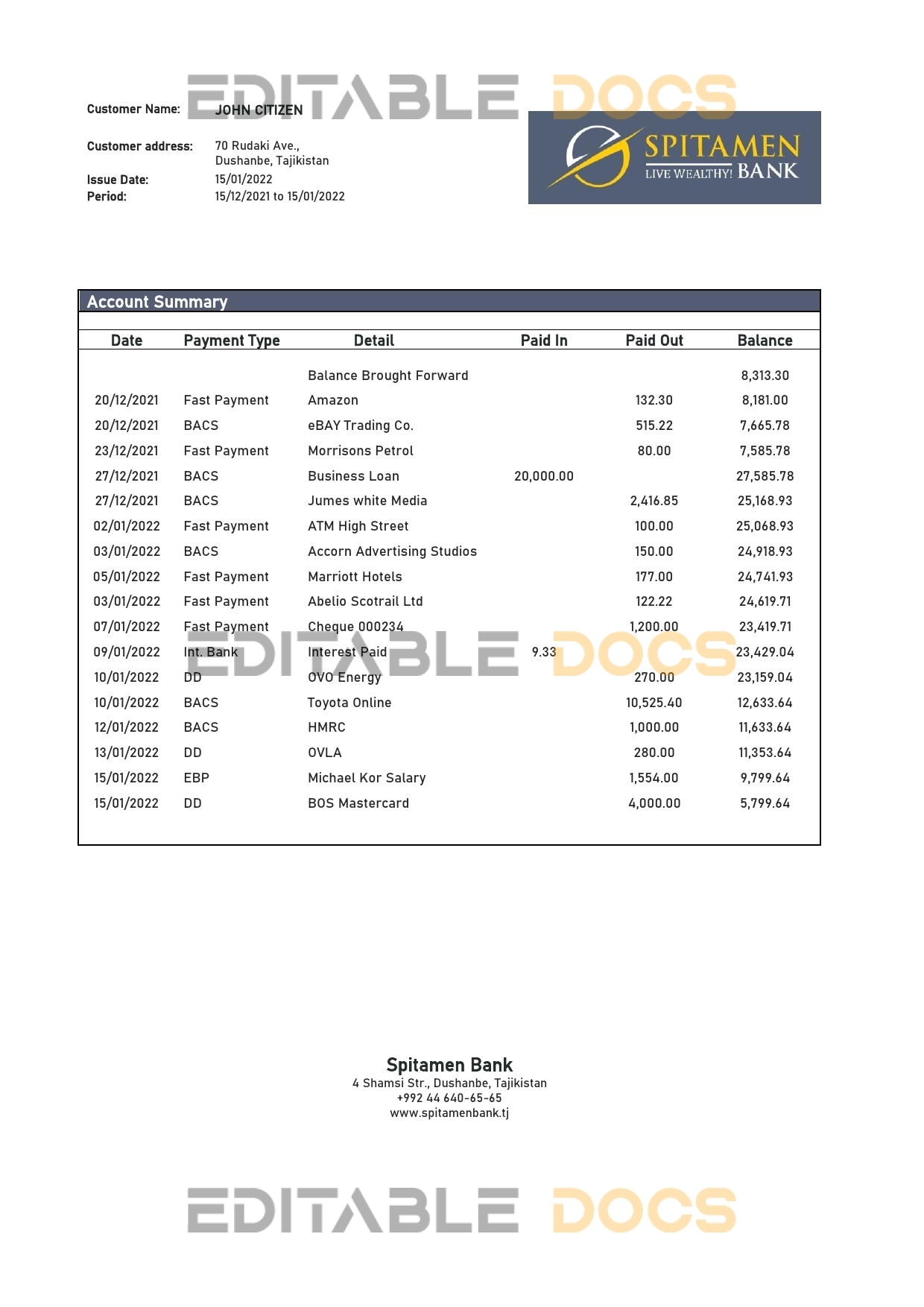 Tajikistan Spitamen Bank statement template in Word and PDF format