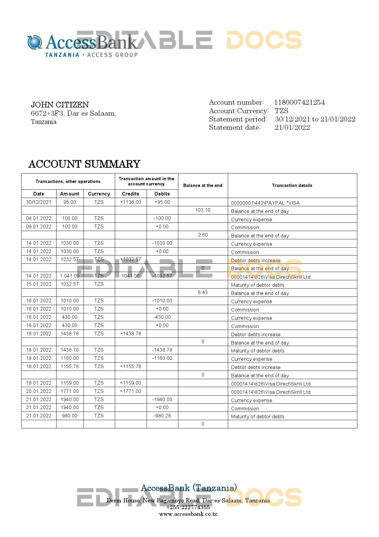 Tanzania Access Bank statement template in Word and PDF format