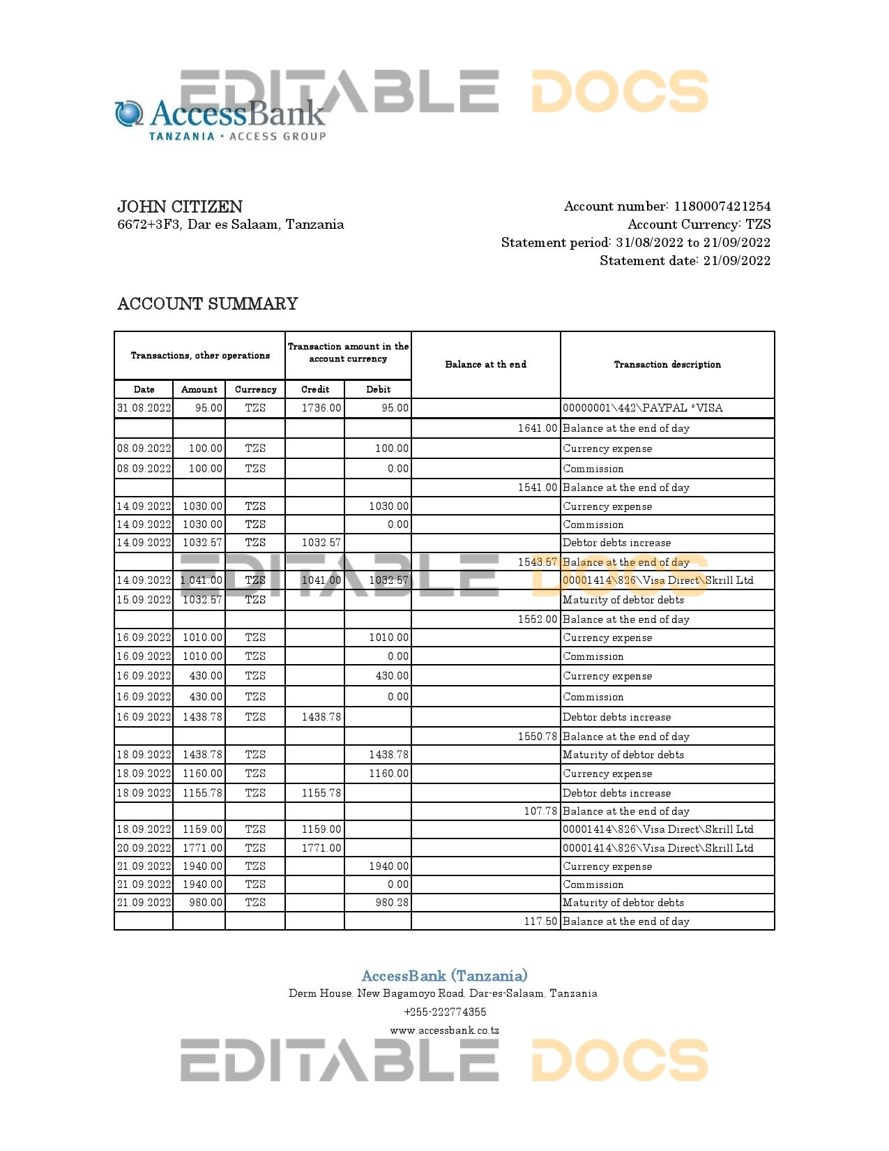 Tanzania Access bank statement, Excel and PDF template