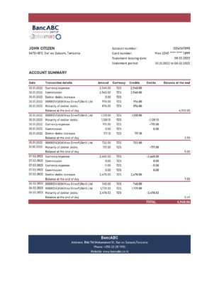 Tanzania BancABC bank statement, Excel and PDF template