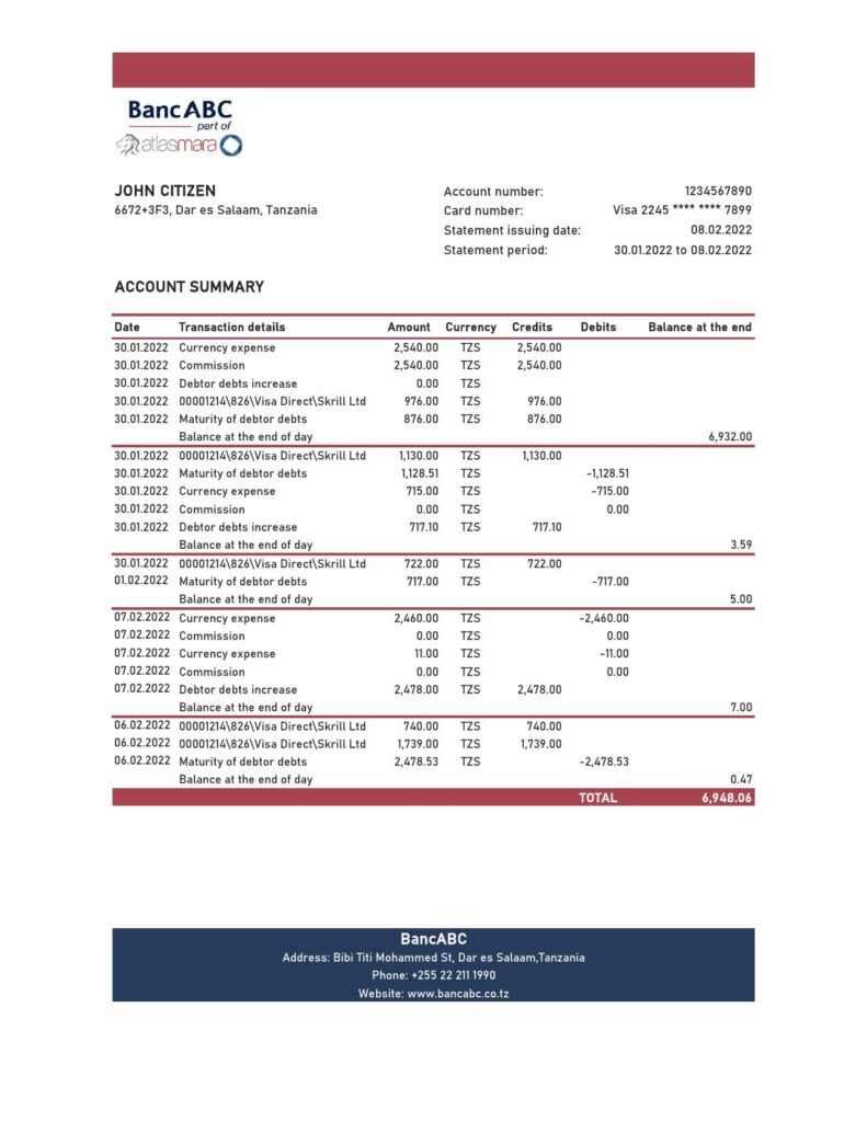 Tanzania BancABC bank statement, Excel and PDF template