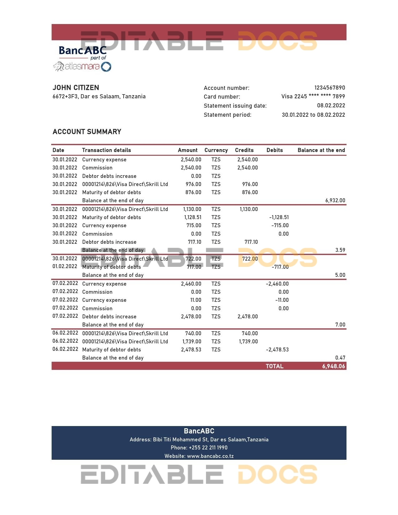 Tanzania BancABC bank statement, Excel and PDF template