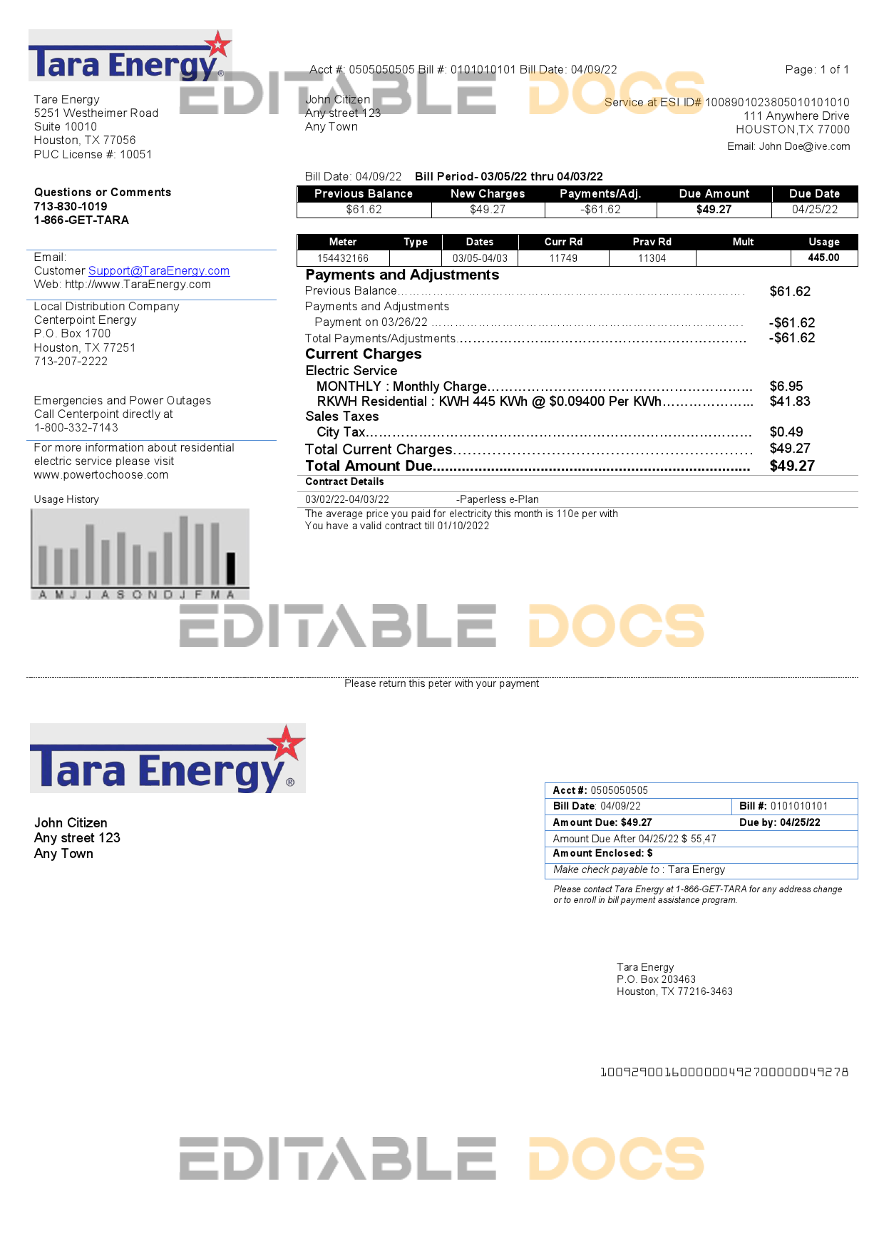 USA Texas Tara Energy utility bill template in Word and PDF format