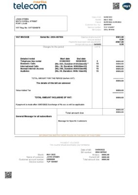 Mauritius Telecom Mauritius utility bill template in Word and PDF format