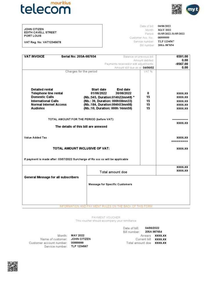 Mauritius Telecom Mauritius utility bill template in Word and PDF format