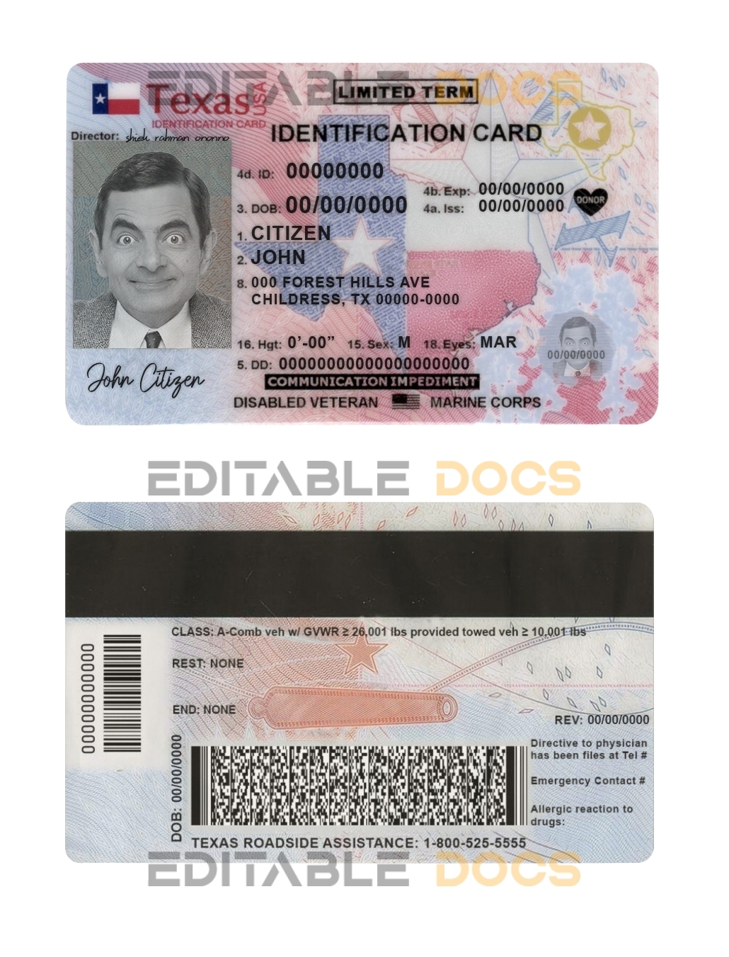 USA Texas state ID card template in PSD format, fully editable (2020 – present)