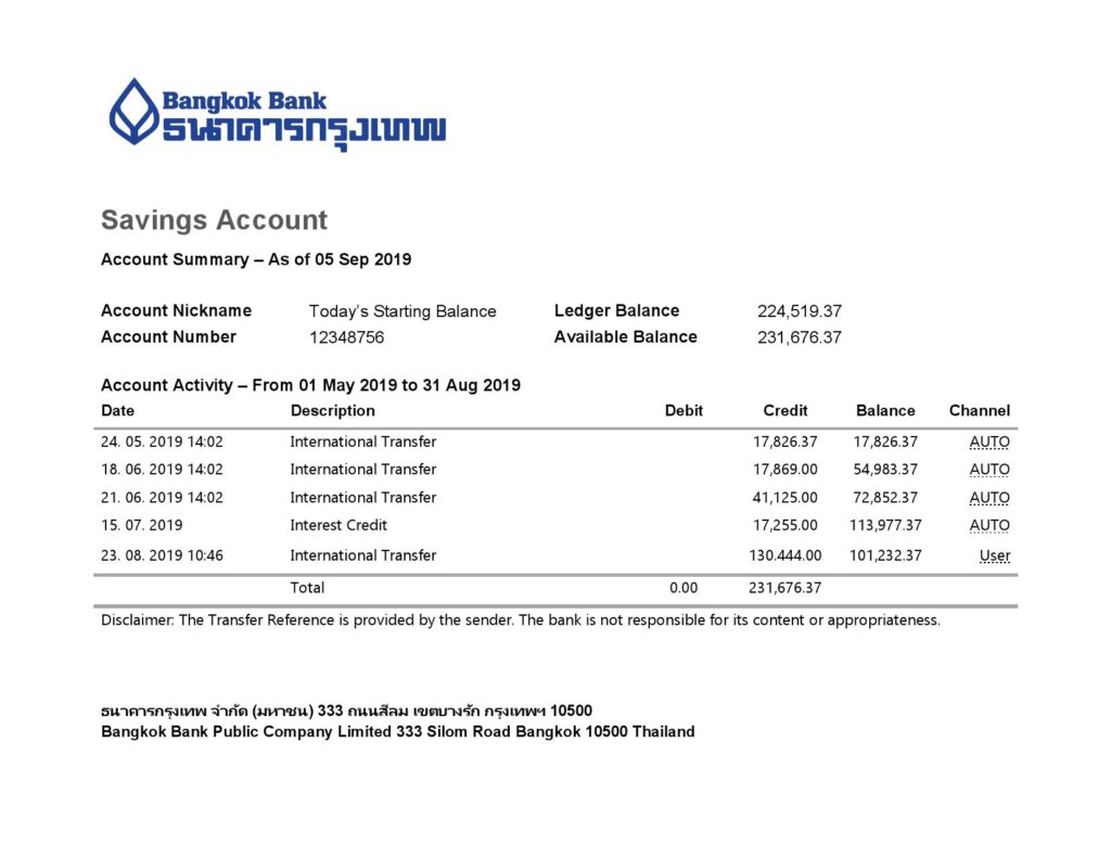 Thailand Bangkok Bank Savings Account statement template in Word and PDF format