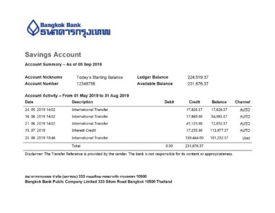 Thailand Bangkok Bank Savings Account statement template in Word and PDF format