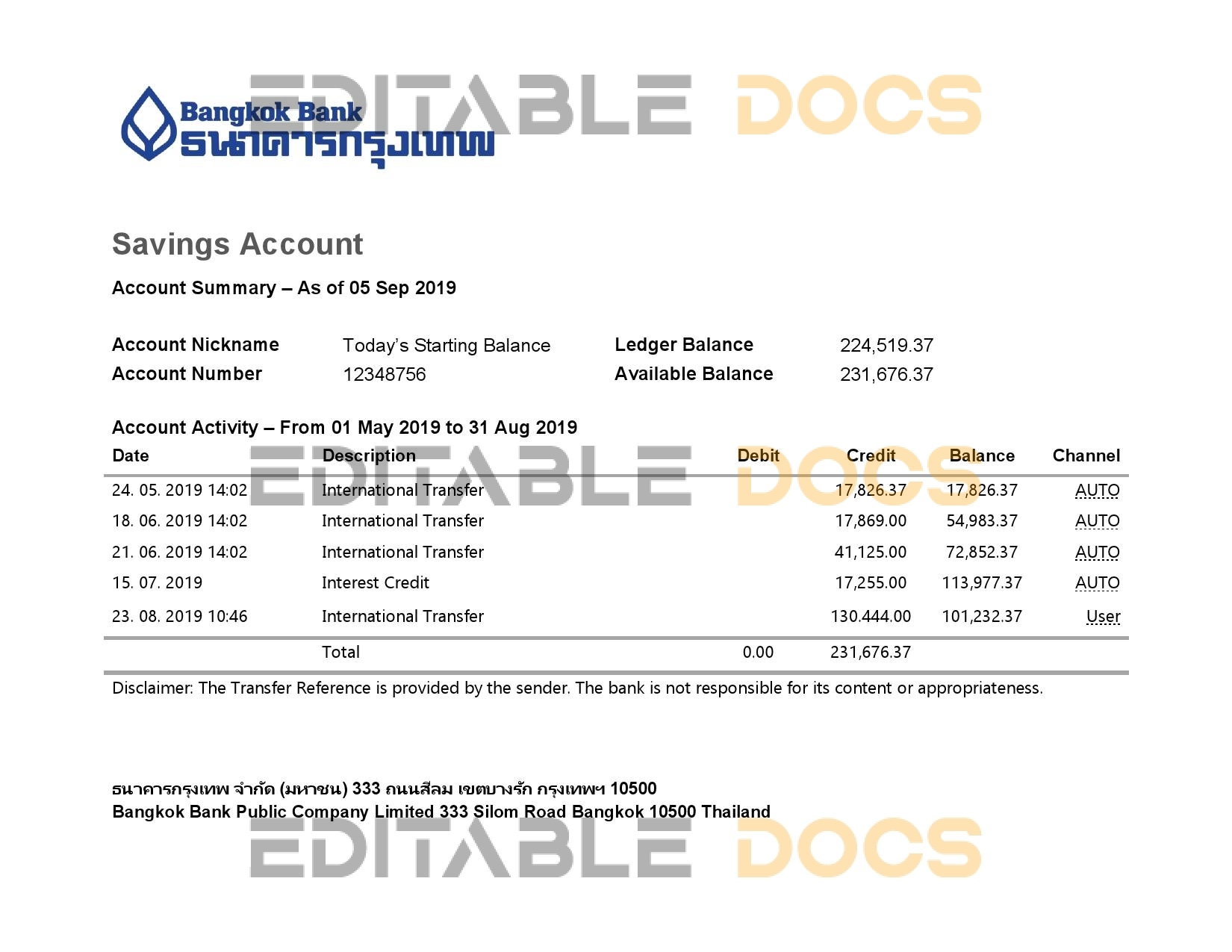 Thailand Bangkok Bank Savings Account statement template in Word and PDF format
