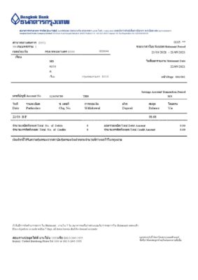 Thailand Bangkok Bank online banking transaction statement template in Word and PDF format