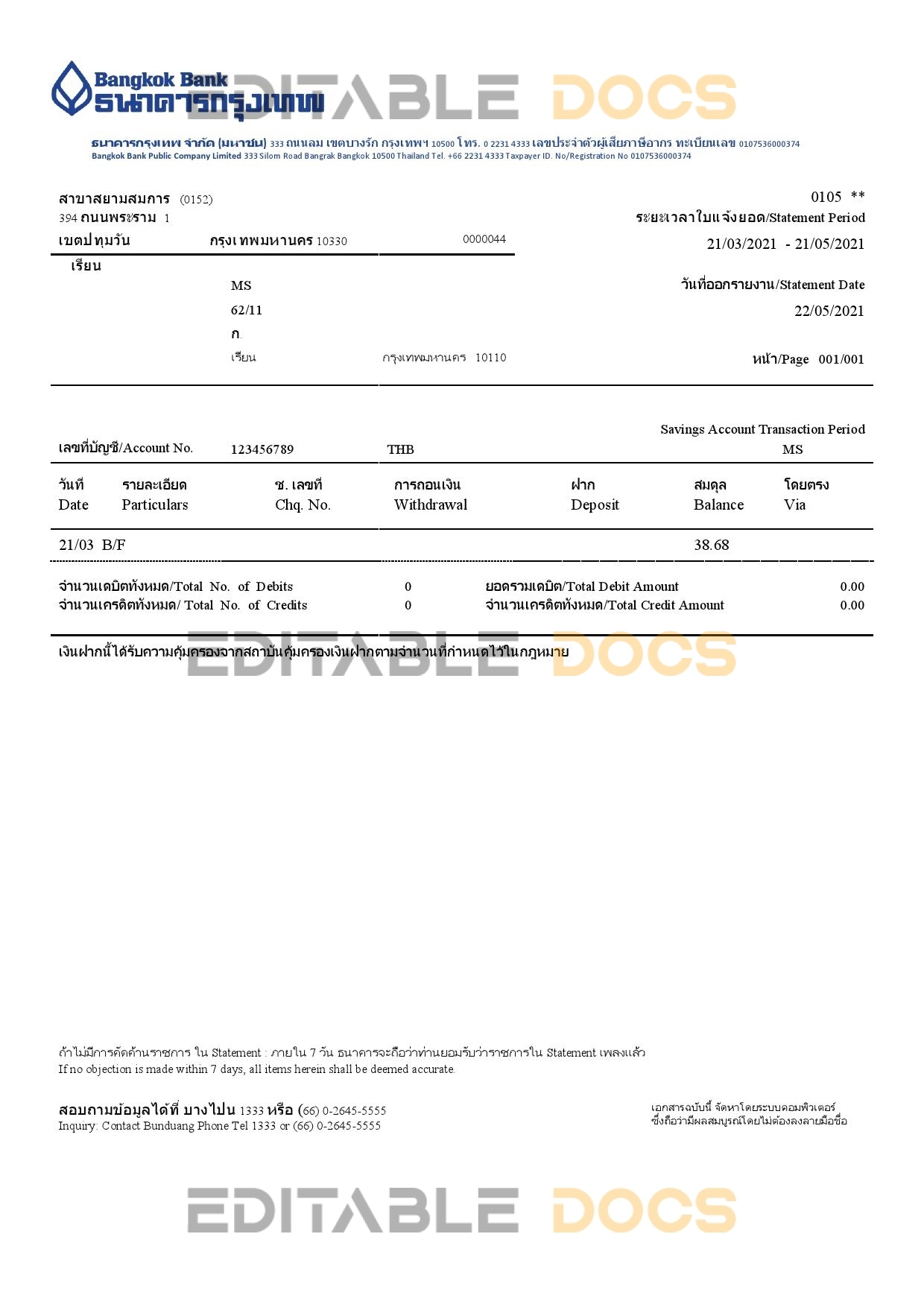 Thailand Bangkok Bank online banking transaction statement template in Word and PDF format