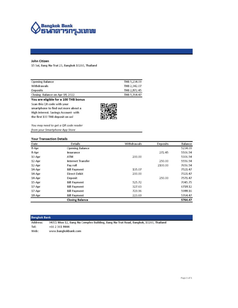 Thailand Bangkok bank statement, Excel and PDF template