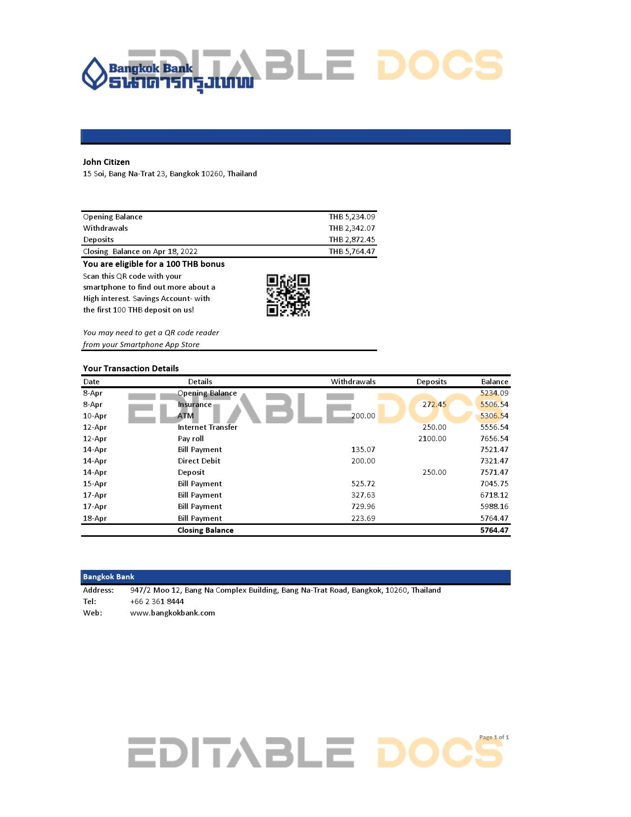 Thailand Bangkok bank statement, Excel and PDF template