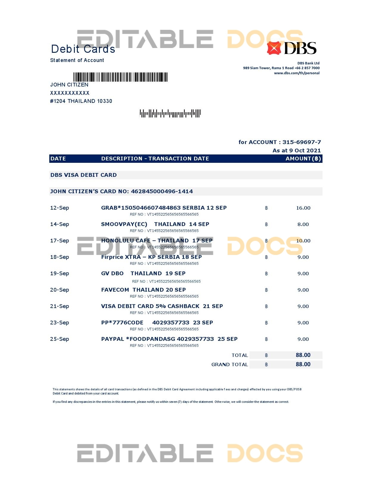 Thailand DBS bank statement easy to fill template in .xls and .pdf file format