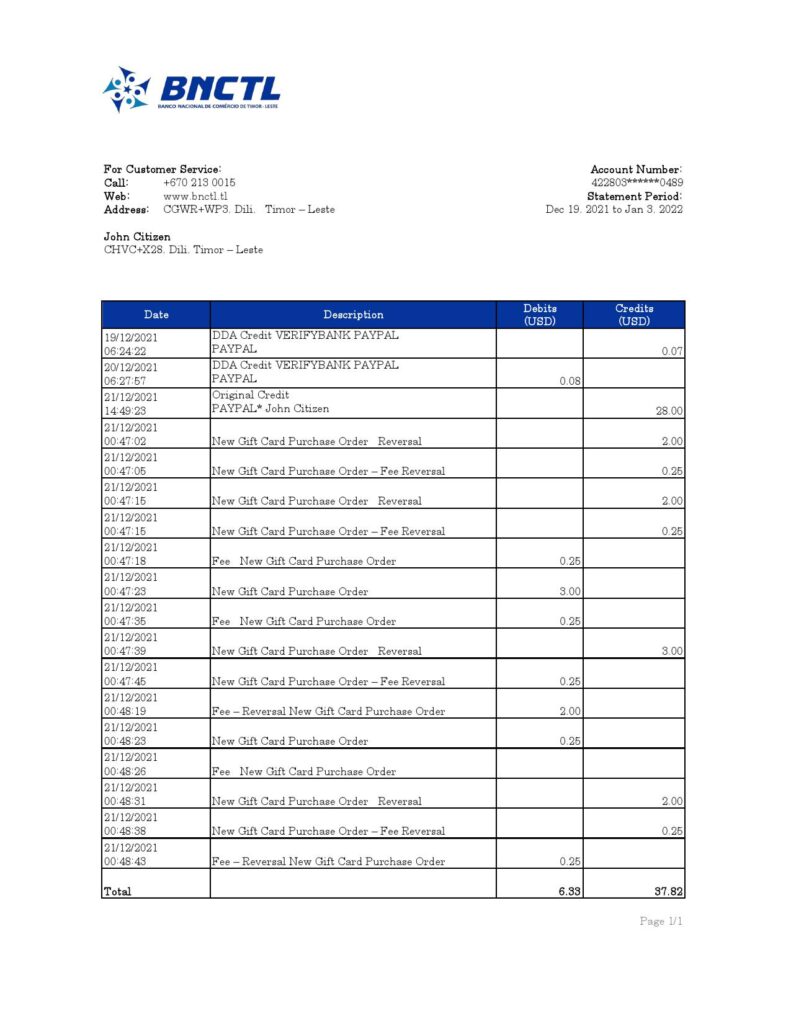Timor-Leste BNCTL bank statement, Excel and PDF template